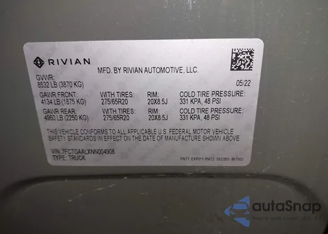 2022 Rivian R1T Launch Edition from USA, damaged, VIN 7FCTGAALXNN004908
